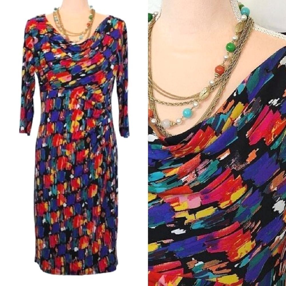 Anne Klein Colorful Abstract Print Draped Neck Midi‎ Dress SZ 10 Maximilism
